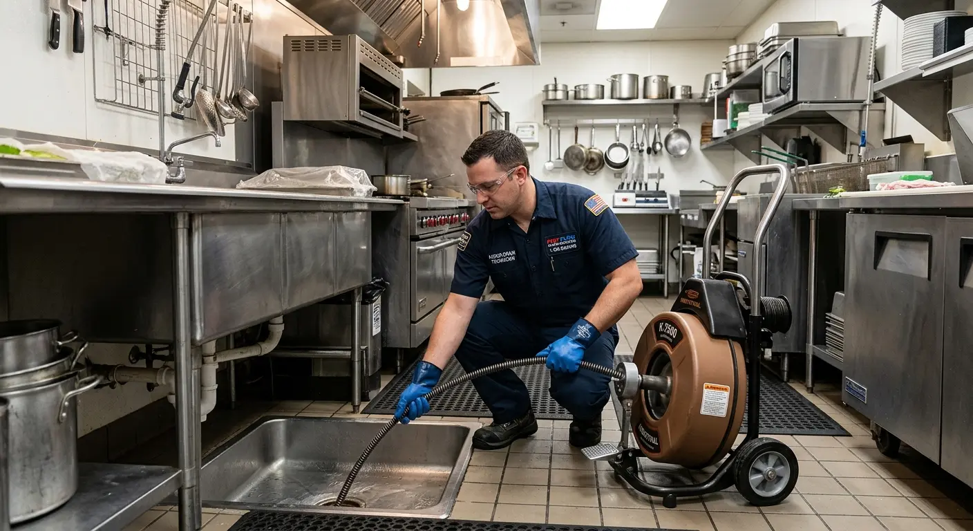Commercial drain cleaning service in a restaurant kitchen in Oil City