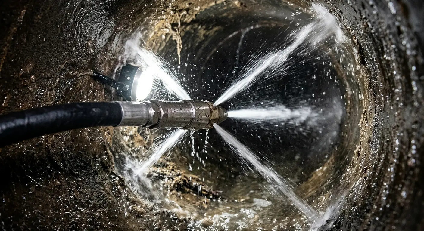 High-pressure hydro jetting nozzle cleaning sewer pipe for Trenchless Sewer Repair in Oil City