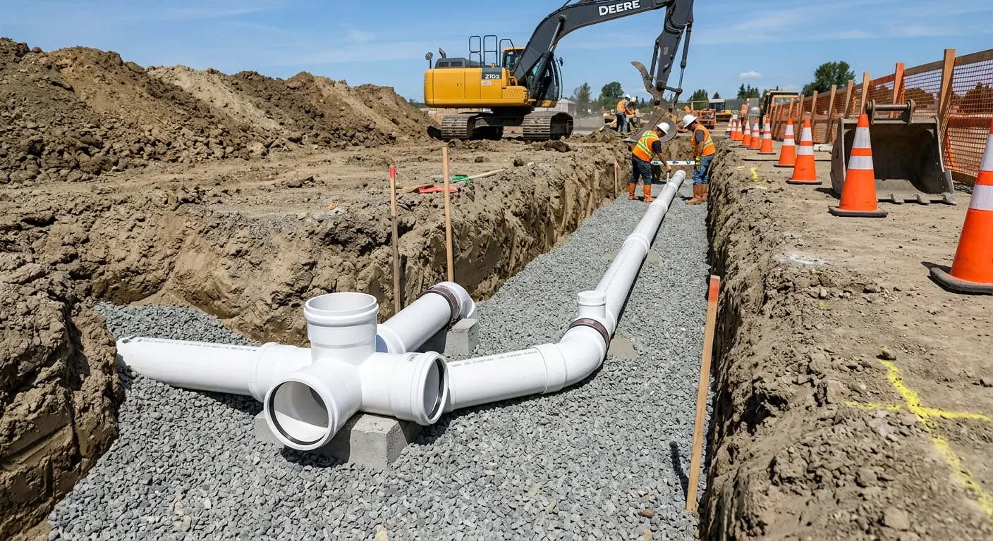 New PVC sewer pipe installation in open trench for Commercial Drain Cleaning in Oil City