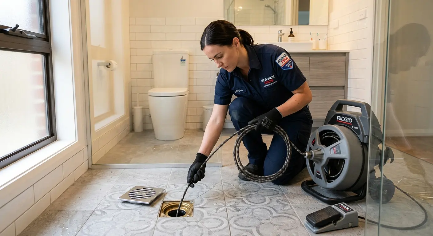 Technician clearing a bathroom floor drain for Clogged Drain Repair in Oil City
